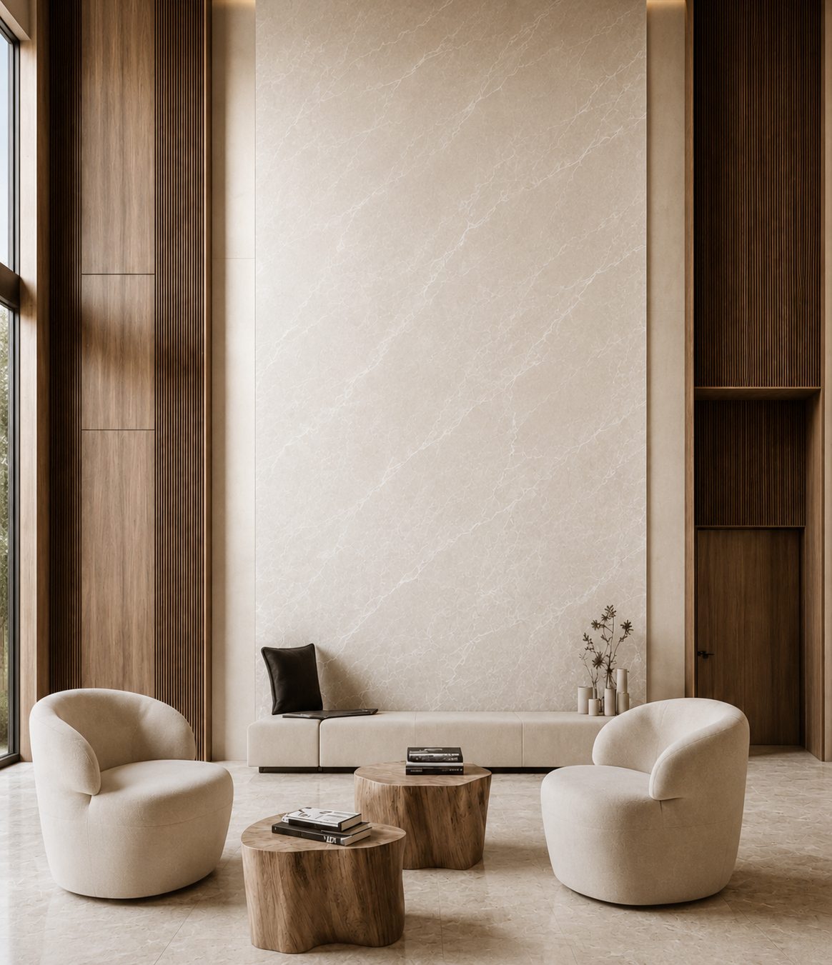 Bookmatched white marble feature wall