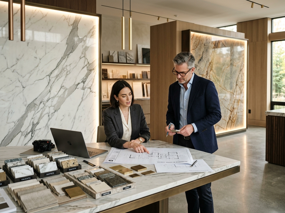 Architect and interior designer collaborating on plans and stone finishes in a luxury stone studio