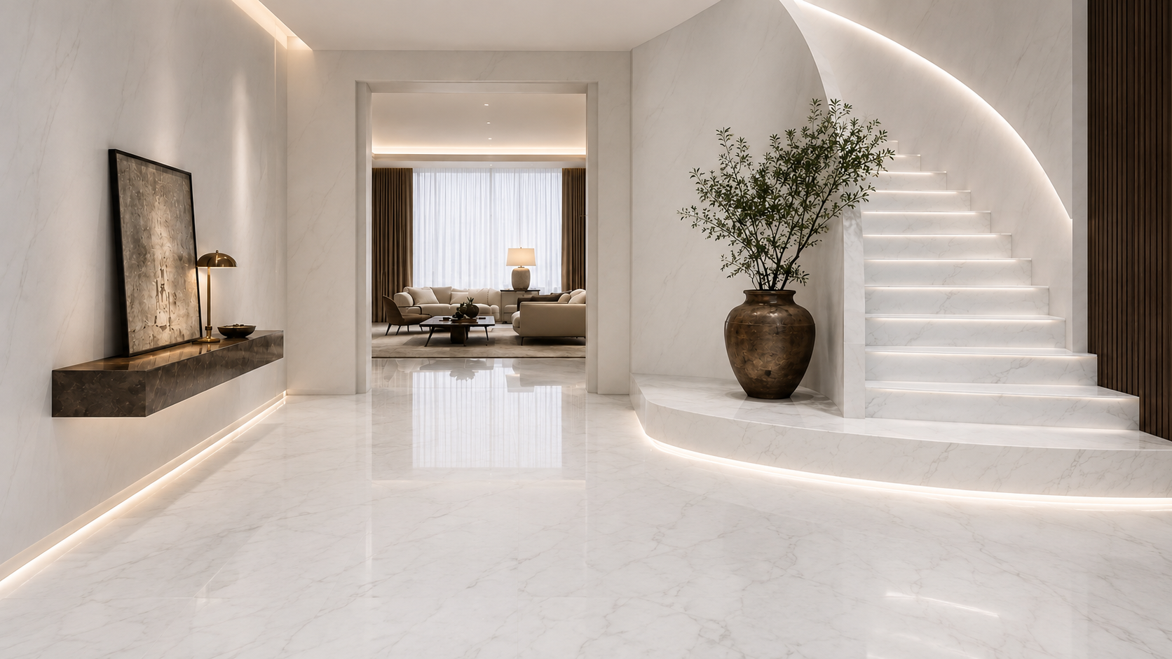 Nano White artificial surface in modern architectural setting