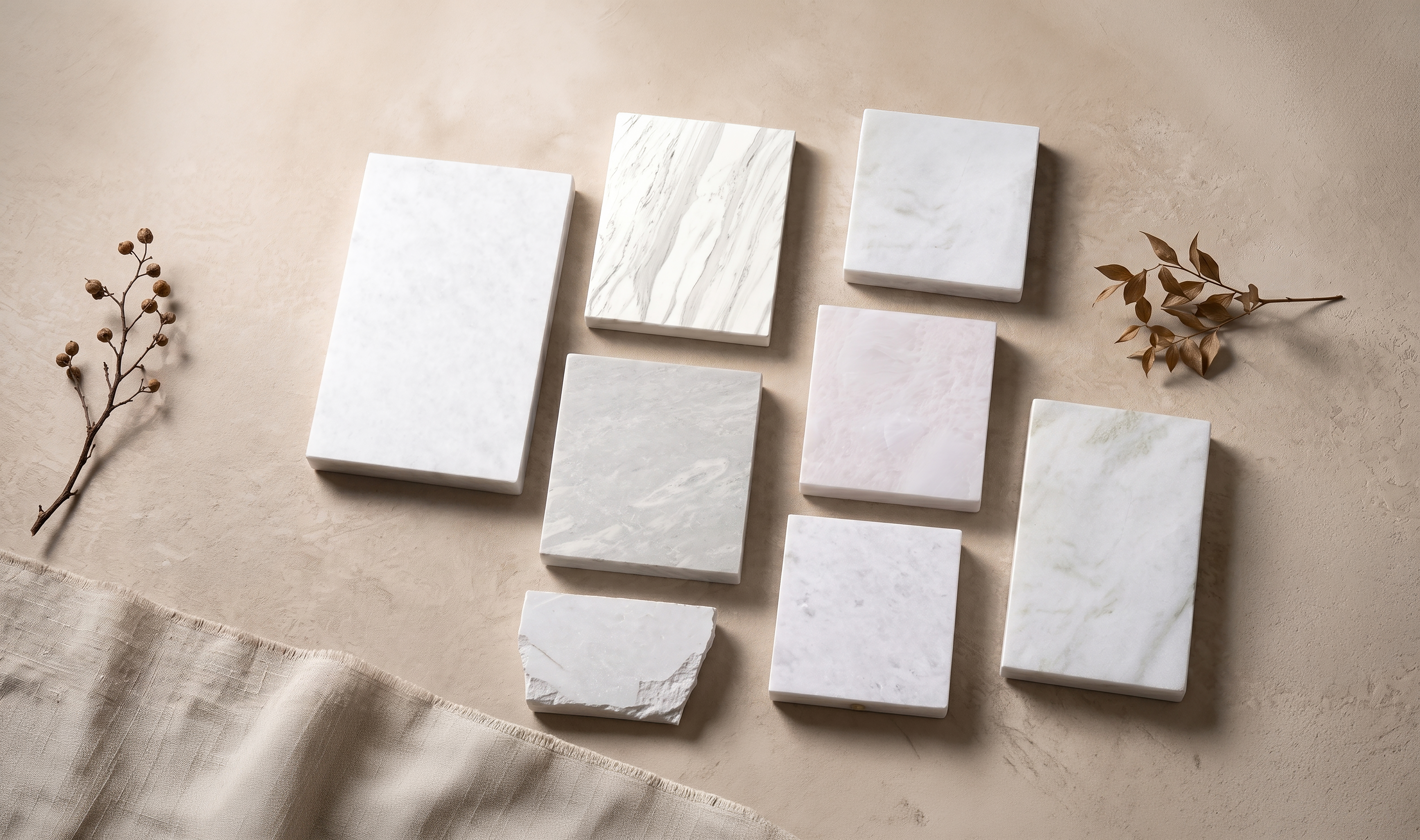 Curated Beyond White exotic quartzite, glowing amber onyx, and granite stone collection