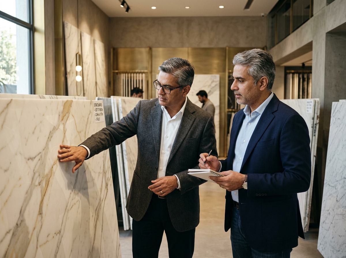 Luxury Stones founders Rajnish Kotecha and Sandeep Rathi inspecting imported Italian marble slabs