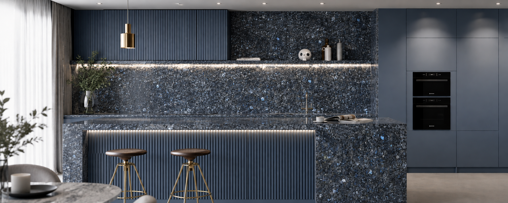 Blue Pearl granite architectural interior with pearlescent mineral depth
