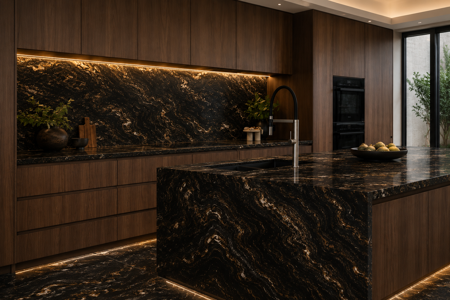 Tactile hydraulic finished granite surfaces in an architectural interior