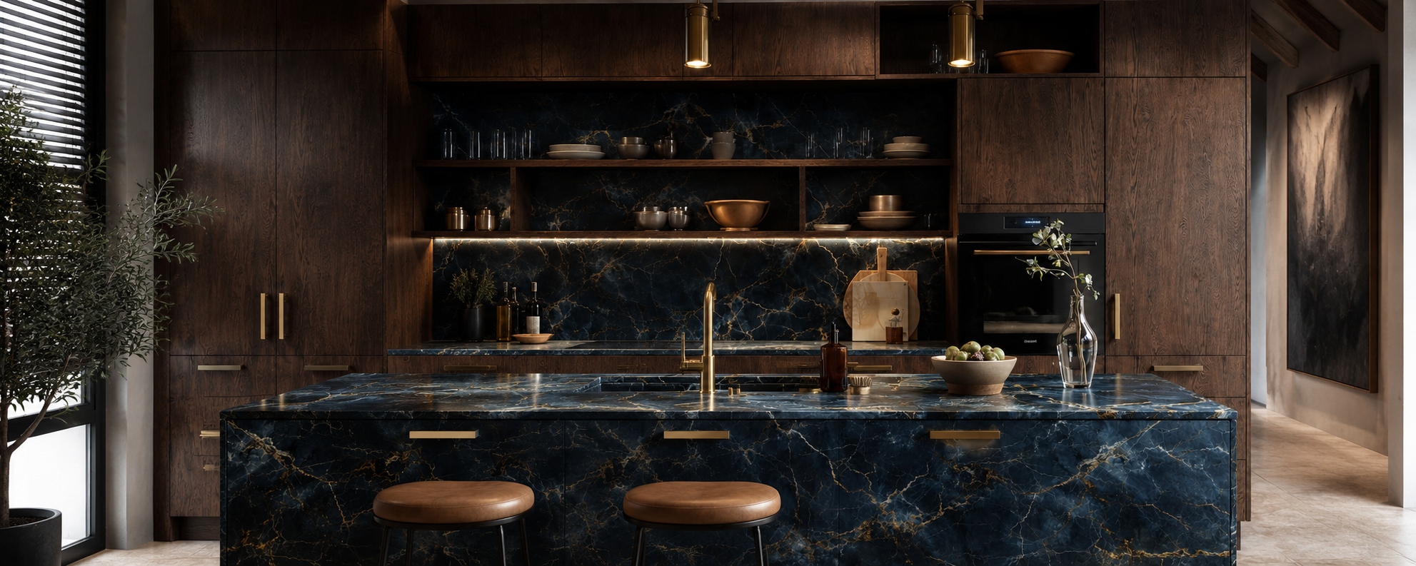 Volga Blue dark mineral stone architectural installation