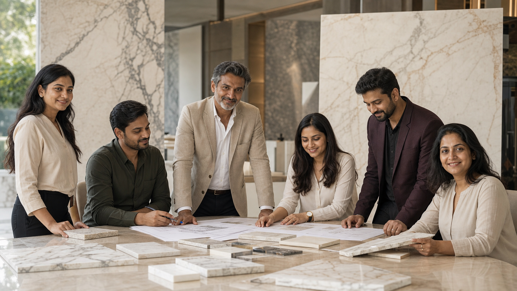 Luxury Stones team reviewing marble samples and architectural drawings in the showroom