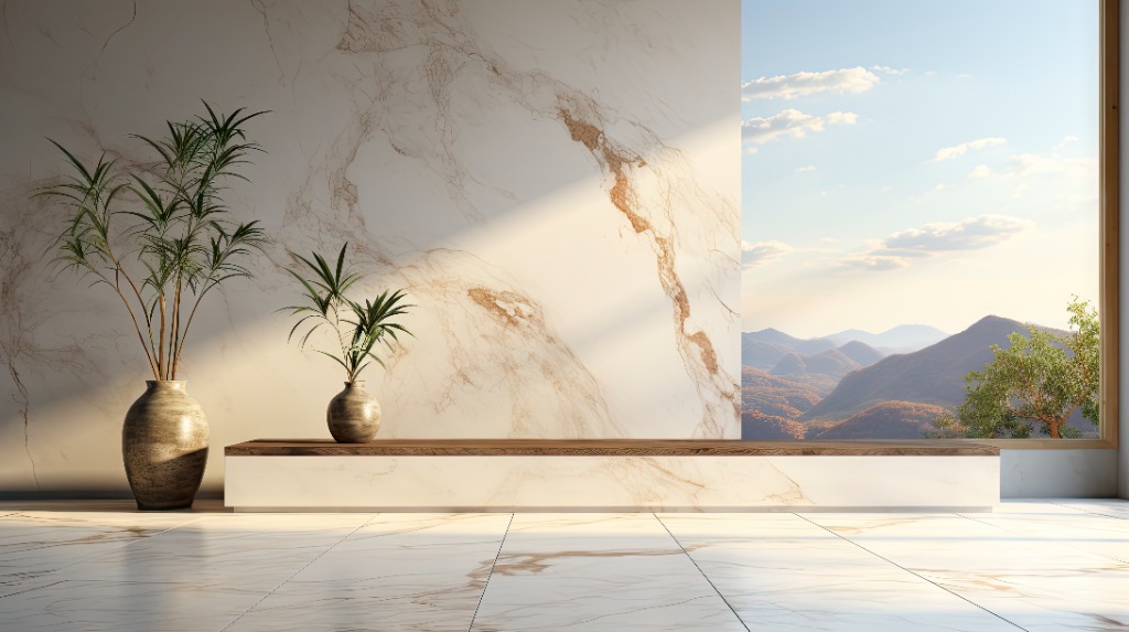Minimalist luxury interior with bookmatched marble walls and mountain landscape window