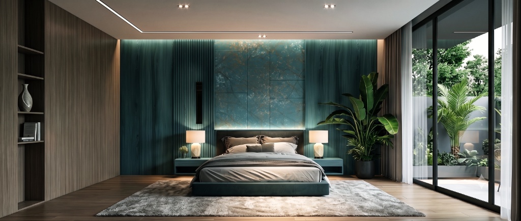 Master suite featuring backlit emerald quartzite accent wall and warm ambient architectural lighting