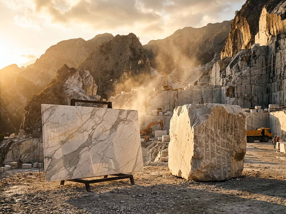 Natural marble quarry showing raw quarried block and finished polished Statuario slab