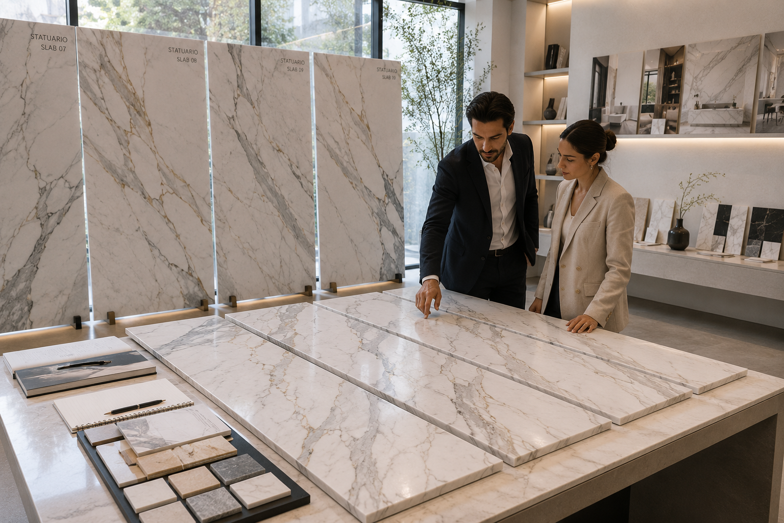 Selecting and arranging Statuario marble slabs