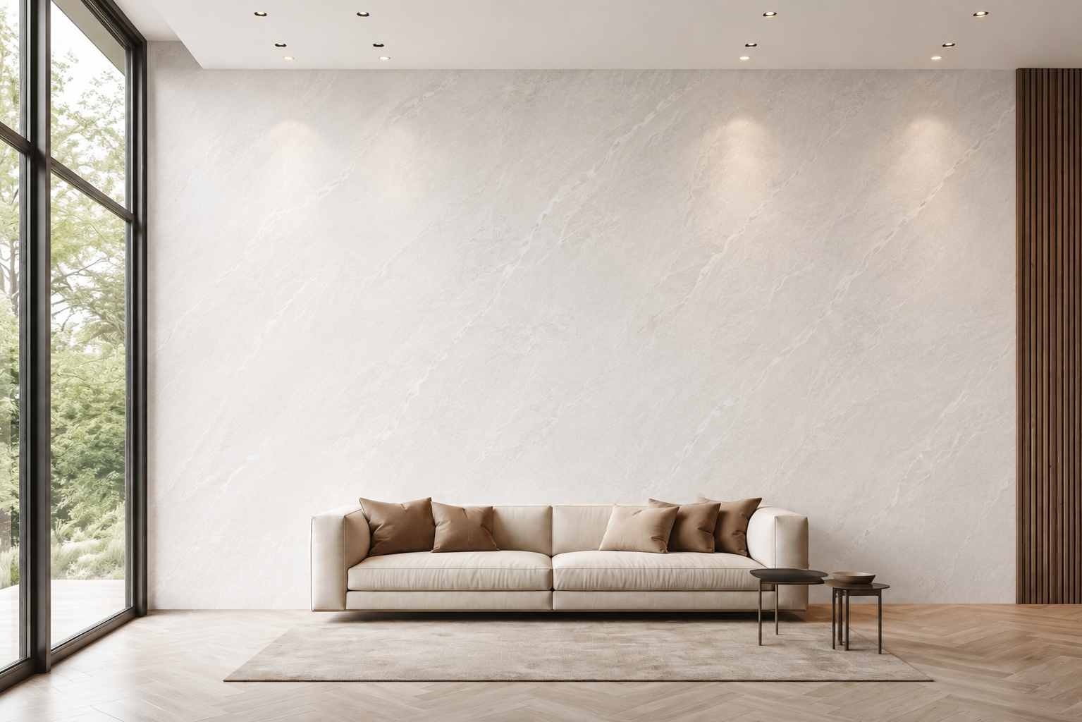 Minimalist luxury living room with sweeping fluid warm amber stone feature accent wall and herringbone flooring
