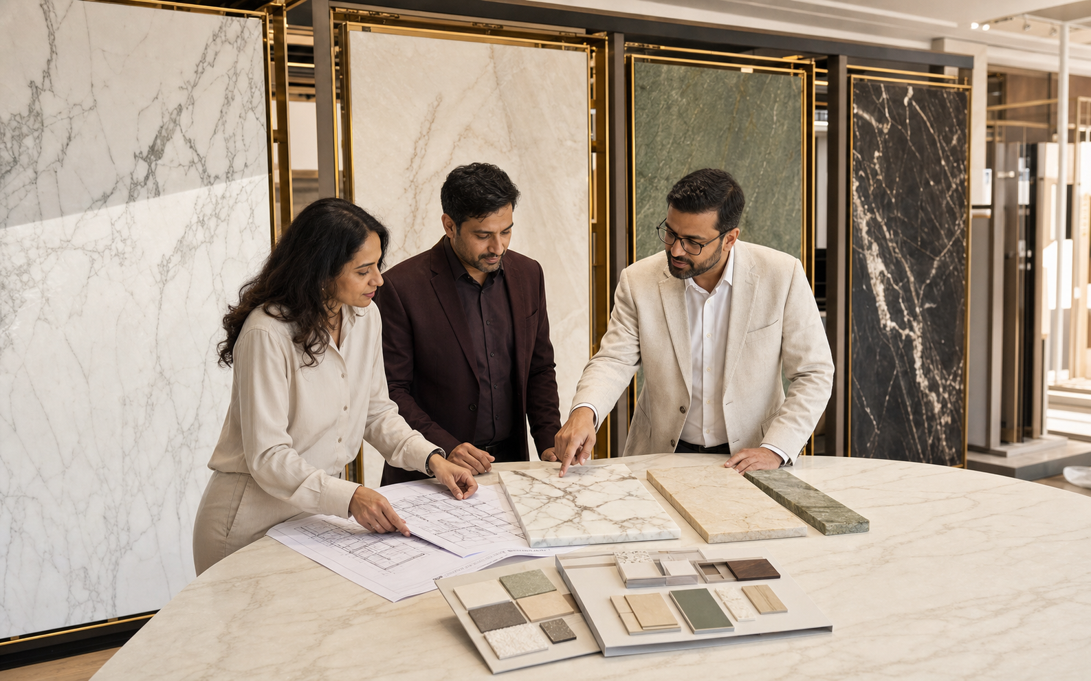 Architects and a stone consultant reviewing marble samples, drawings, and material palettes