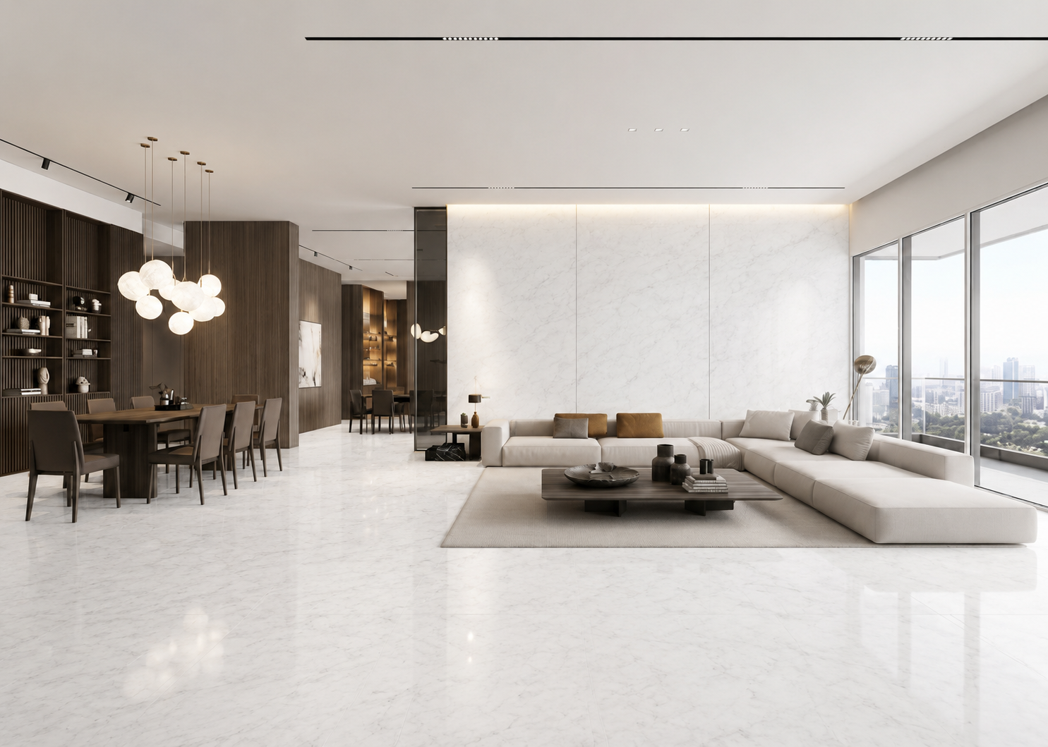 Open-concept luxury living and dining salon with seamless white marble flooring and backlit marble wall paneling