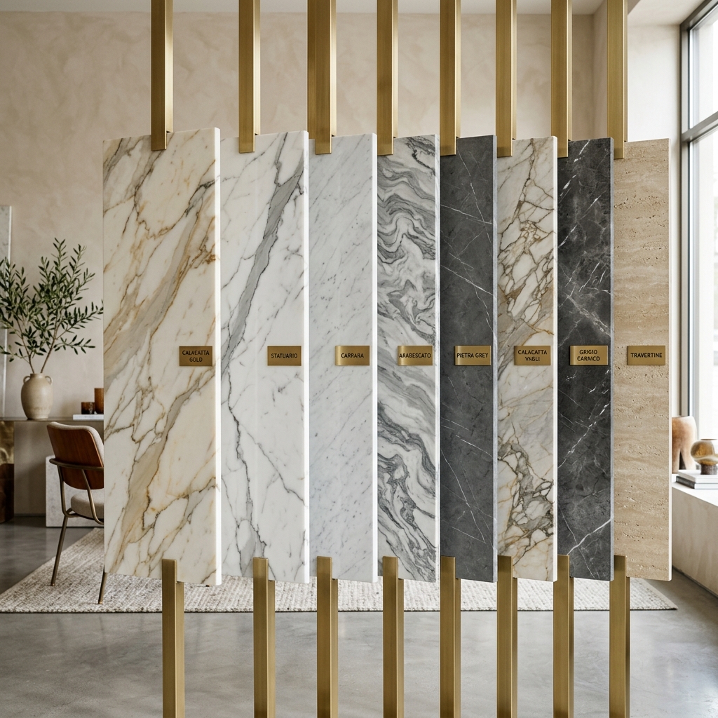 Curated marble slabs displayed side by side on gallery racks