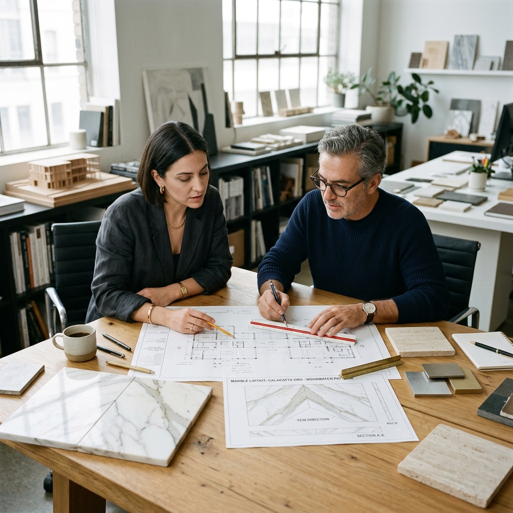 Architects reviewing material layouts and project specifications