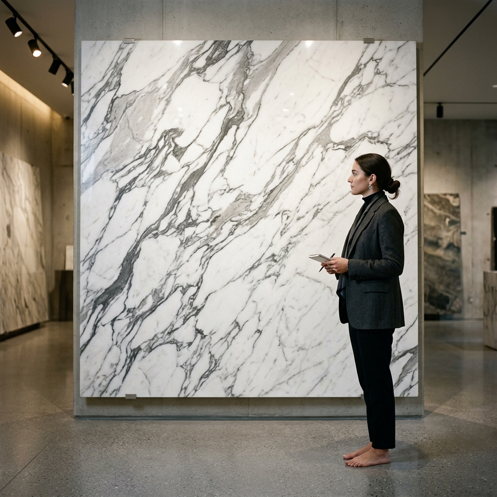 Visitor examining full-scale natural marble slab in showroom