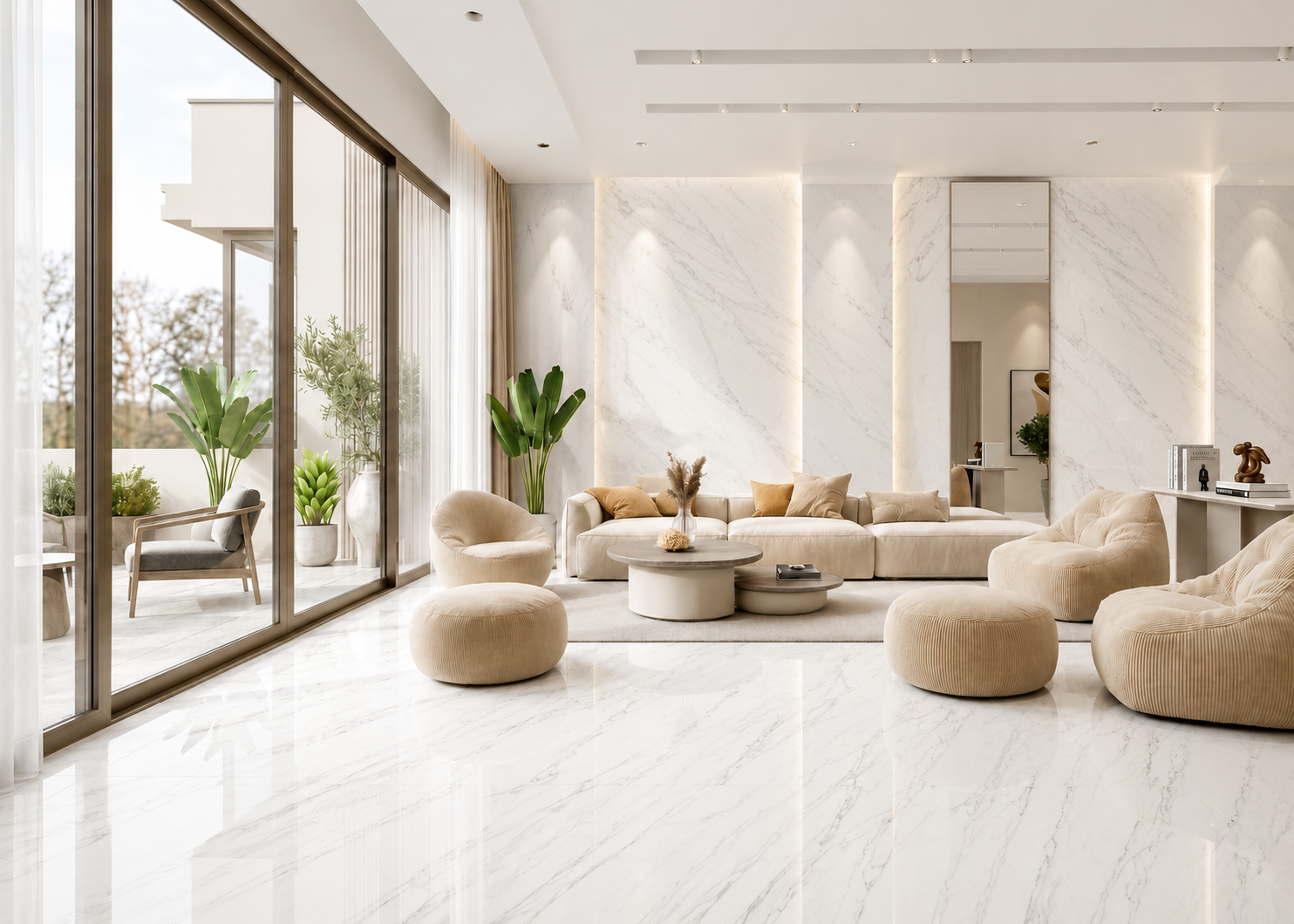 Sunlit luxury living room with polished marble flooring, backlit wall marble panels, and floor-to-ceiling glass terrace doors